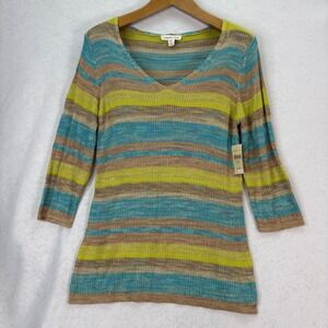 NWT Coldwater Creek Women's‎ L Colorful Stripe V Neck Long Sleeve Knit Top Y2K